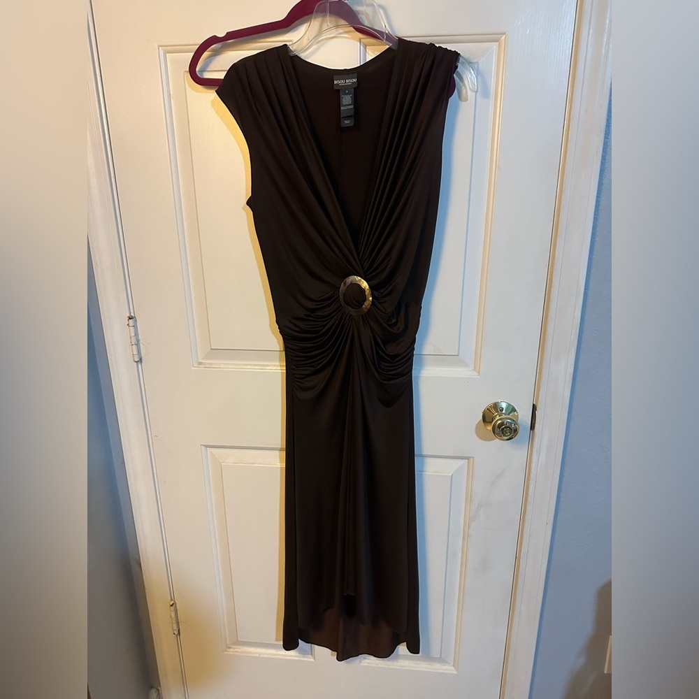 Bisou Bisou Brown V-Neck Maxi Dress with Gold Ring Accent